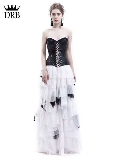 Rose Blooming White and Black Romantic Gothic Punk Long Prom Party Dress -  DarkinCloset.com
