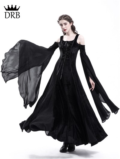 Rose Blooming Black Velvet Off-the-Shoulder Medieval Dress