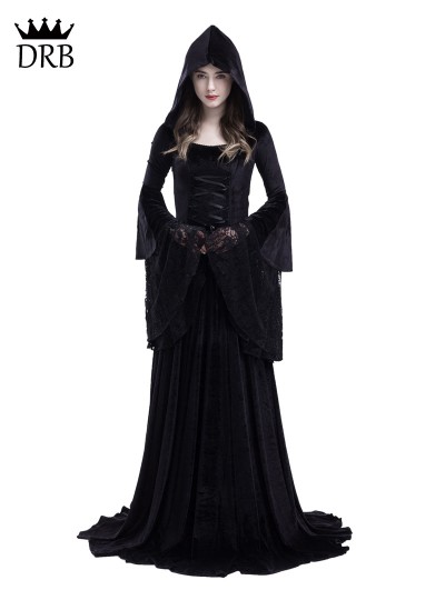 Rose Blooming Black Gothic Medieval Vampire Hooded Dress Costume