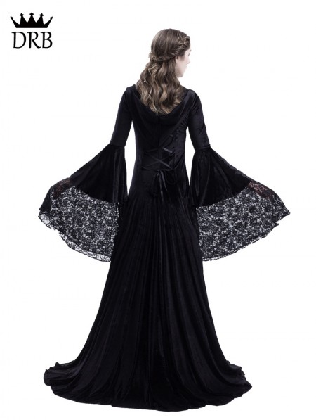 Rose Blooming Black Gothic Medieval Vampire Hooded Dress Costume