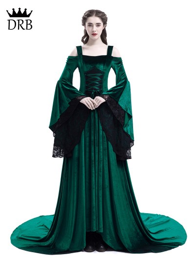 Rose Blooming Green Off-the-Shoulder Renaissance Fairy Tale Medieval Dress