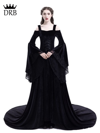 Rose Blooming Black Off-the-Shoulder Renaissance Gothic Medieval Dress