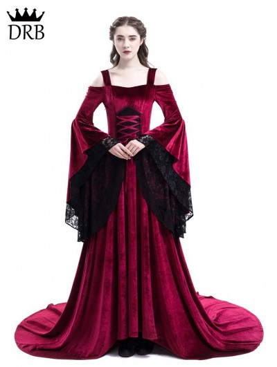 Rose Blooming Red Off-the-Shoulder Renaissance Fairy Tale Medieval Dress