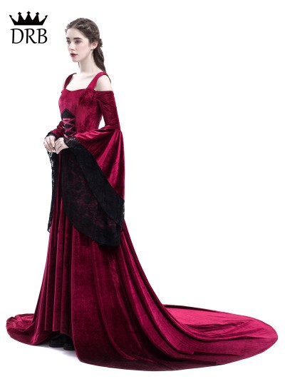 green emerald velvet dress Medieval Lolita Bow Court Ball Gown Dress, Red / Xs (Bust 81-84 cm) main image 1
