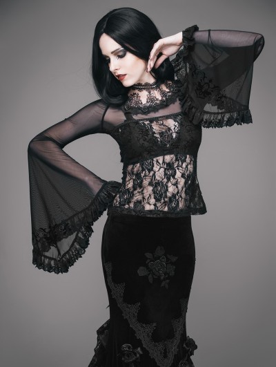 Eva Lady Black Romantic Gothic Rose Long Trumpet Sleeves Shirt for Women