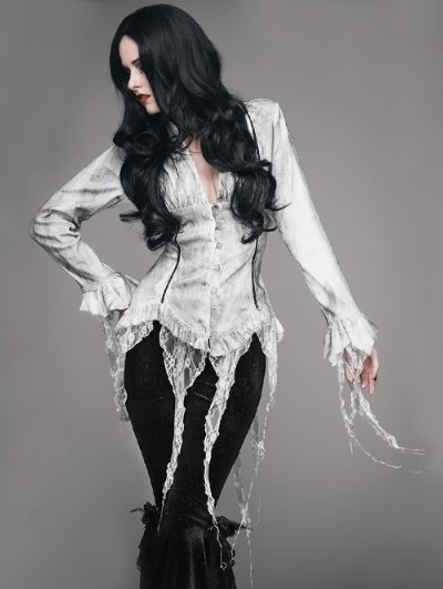 Eva Lady White Gothic Sexy Deep V-Neck Lace Blouse for Women