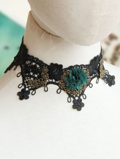 Handmade Black Lace Green Flower Gothic Necklace