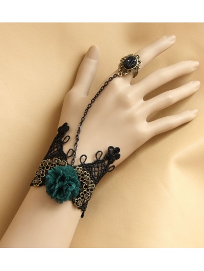 Handmade Black Lace Green Flower Gothic Bracelet Ring Jewelry
