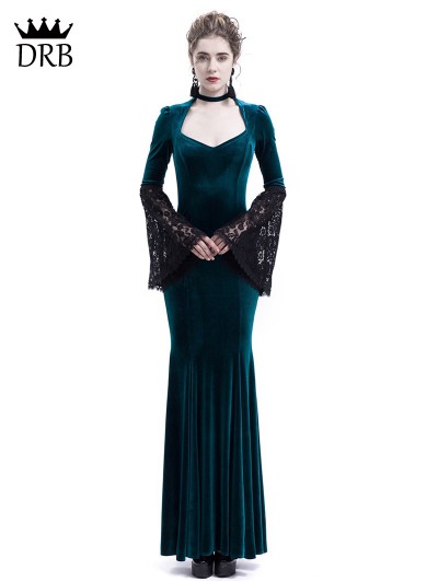 Rose Blooming Blue Velvet Dark Queen Morticia Addams Gothic Victorian Dress