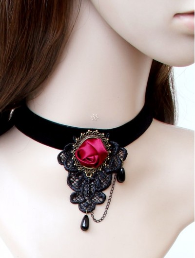 Handmade Black Gothic Necklace with Red Flower