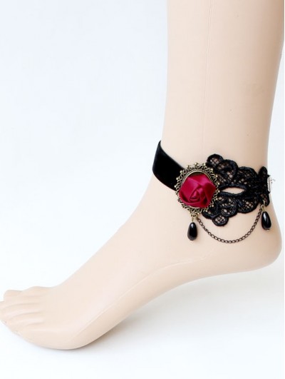 Handmade Black Gothic Ankle Bracelet with Red Flower