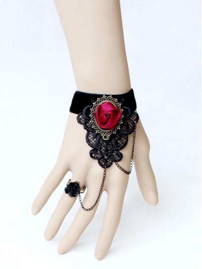 Handmade Black Gothic Bracelet Ring Jewelry with Red Flower