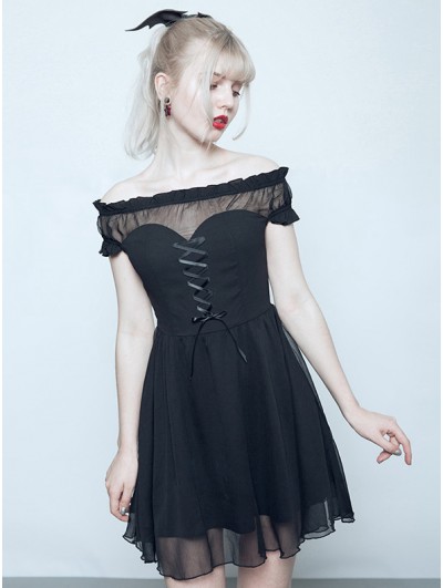 Punk Rave Black Gothic Off-the-Shoulder Sweet Short Dress