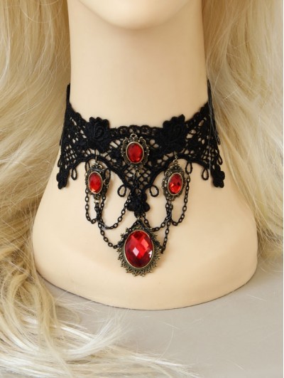 Handmade Black Lace Red Pendant Gothic Vampire Necklace