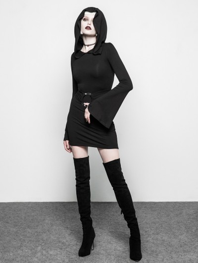 Punk Rave Black Gothic Witch Belt Short Hooded Dress