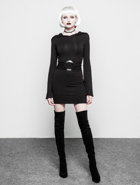 Punk Rave Black Gothic Witch Belt Short Hooded Dress - DarkinCloset.com