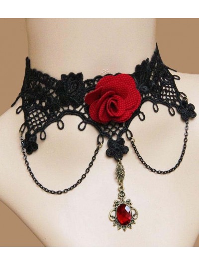 Handmade Black Lace Red Flower Gothic Necklace