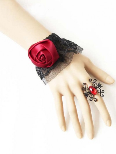 Handmade Black Lace Gothic Bracelet with Spider Ring