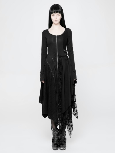 Punk Rave Black Gothic Punk Knitted Decadent Asymmetric Dress