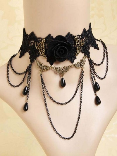 Handmade Black Lace Flower Chain Gothic Necklace