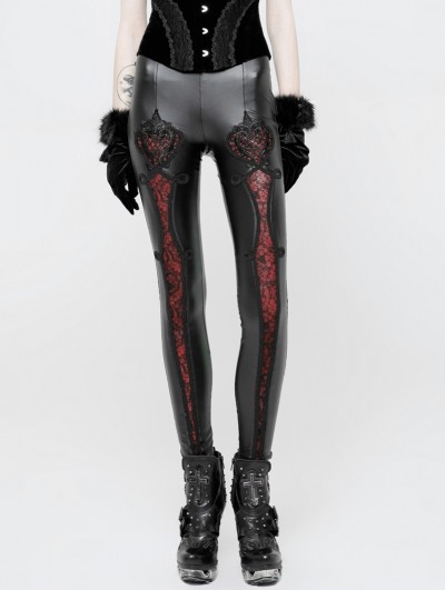 Punk Rave Black and Red Gothic PU Love Floral Leggings for Women