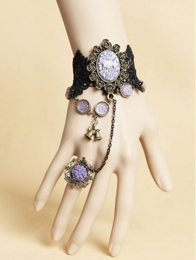 Handmade Black and Purple Gothic Victorian Bracelet Ring Jewelry