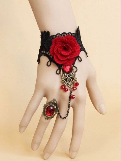 Handmade Black Lace Red Flower Pendant Gothic Bracelet Ring Jewelry