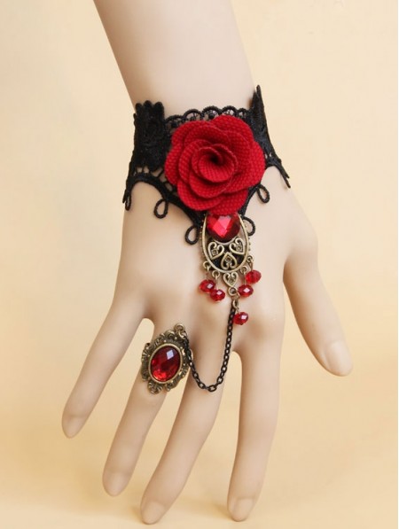 Handmade Black Lace Red Flower Pendant Gothic Bracelet Ring Jewelry ...