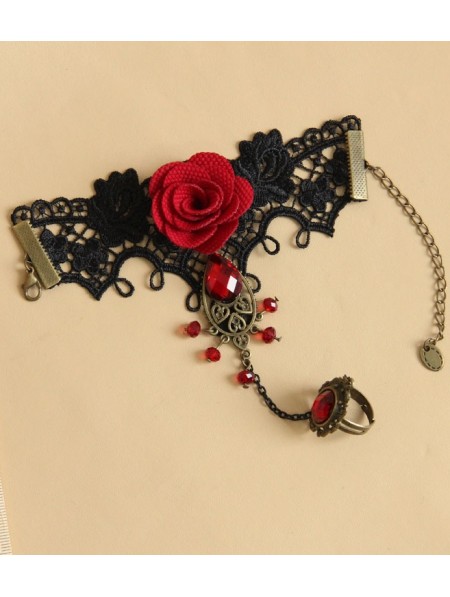 Handmade Black Lace Red Flower Pendant Gothic Bracelet Ring Jewelry ...