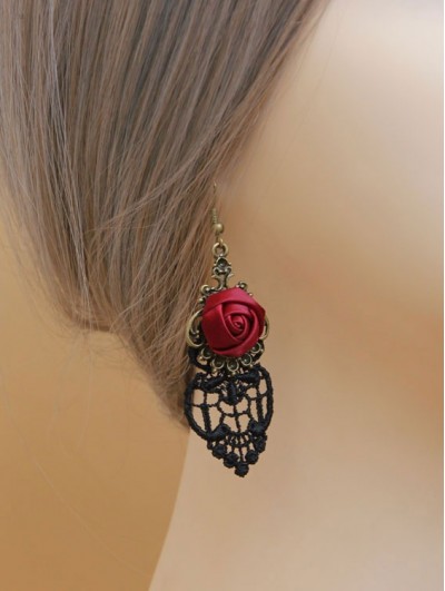 Handmade Black Lace Red Flower Gothic Earrings