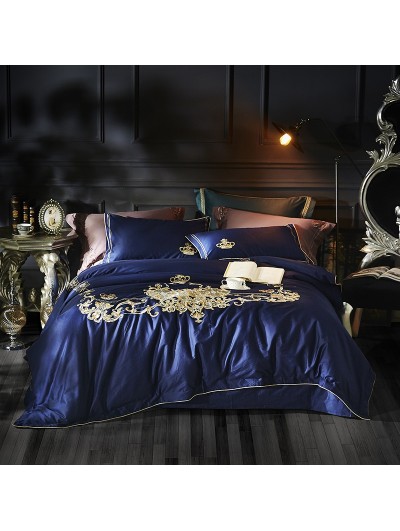 Blue Vintage Crown Embroidery Comforter Set 