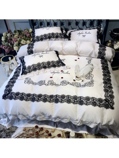 White Floral Embroidery Lace Comforter Set 
