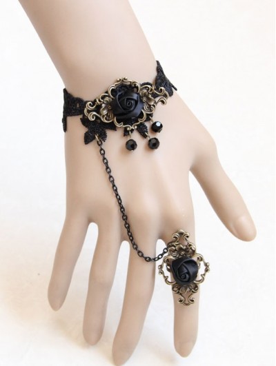 Handmade Black Lace Flower Gothic Bracelet Ring Jewelry