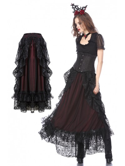 Dark in Love Black and Red Gothic Eleglant Lace Long Skirt