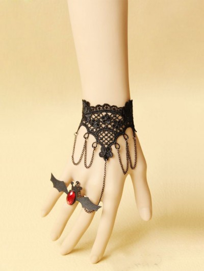 Handmade Black Lace Chain Gothic Bracelet with Bat Ring