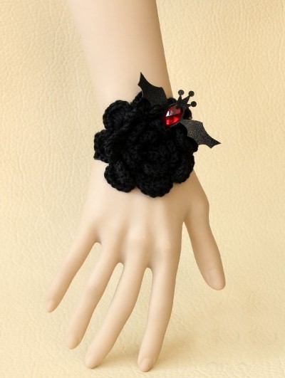 Handmade Black Yarn Flower Gothic Bracelet with Bat Accents