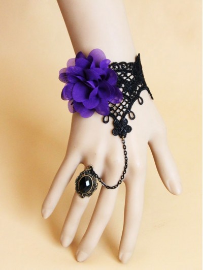 Handmade Black Lace Purple Flower Gothic Bracelet Ring Jewelry