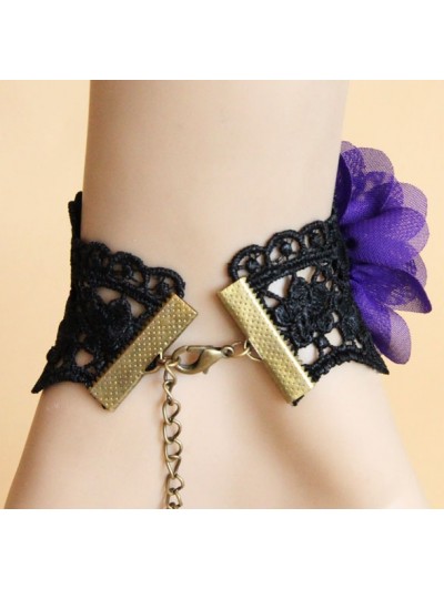 Handmade Black Lace Purple Flower Gothic Bracelet Ring