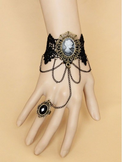 Handmade Black Lace Pendant Chain Gothic Victorian Bracelet Ring Jewelry