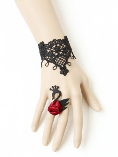 Handmade Black Lace Gothic Bracelet with Swan Ring