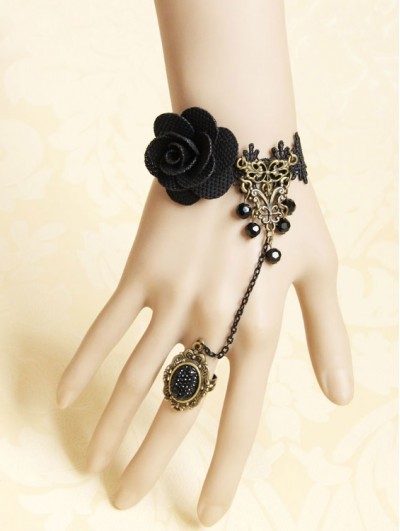 Handmade Black Lace Flower Gothic Bracelet Ring Jewelry