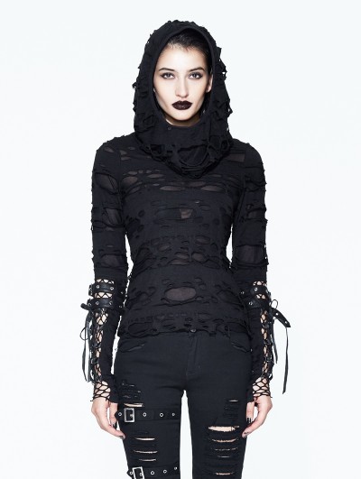 Devil Fashion Black Gothic Hole Hooded Long Sleeves Shirt for Women