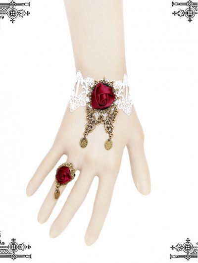 Handmade White Lace Red Flower Gothic Bracelet Ring Jewelry