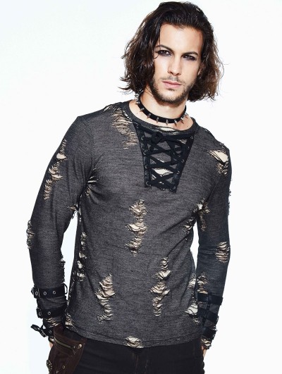 Devil Fashion Steampunk Long Sleeves Hole Knit Shirt For Men
