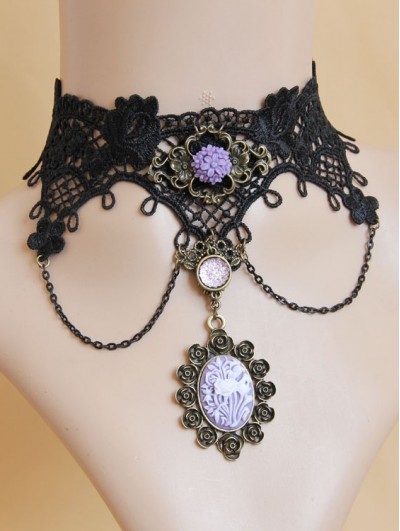 Handmade Black Lace Purple Flower Pendant Gothic Victorian Necklace
