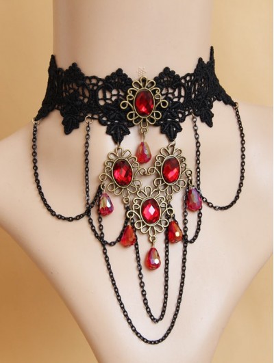 Handmade Black Lace Red Pendant Chain Gothic Vampire Necklace