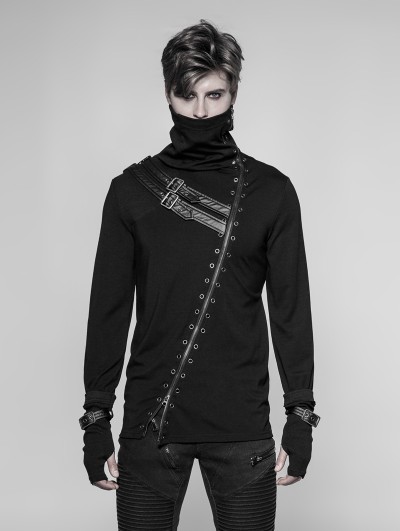 Punk Rave Black Gothic Punk Long Zipper Turtleneck T-Shirt for Men