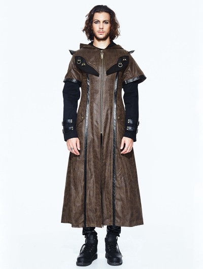 Devil Fashion Coffee Steampunk Long Hooded Cape Coat for Men