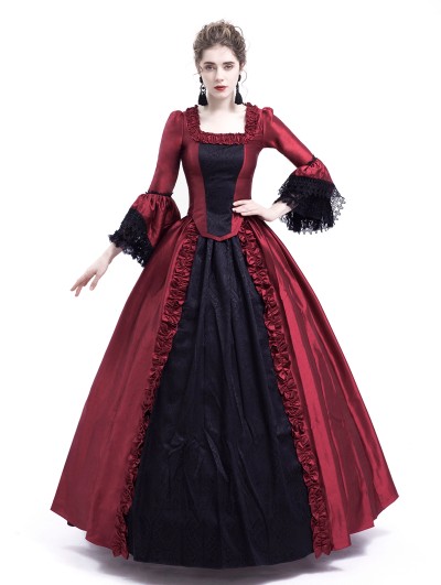 Rose Blooming Black and Red Marie Antoinette Gothic Victorian Ball Gown