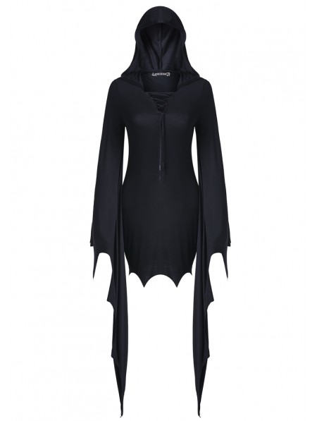 Dark in Love Black Gothic Super Bat Sleeve Sexy Hooded Short Dress ...